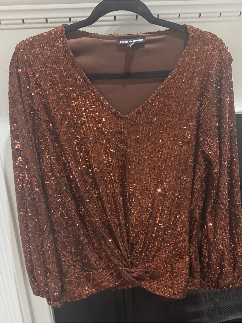 Cable & Gauge Copper Sequin Long Sleeve V-Neck Twist Front Dress